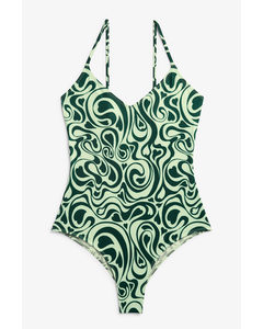 Badeanzug mit schmalen Trägern und Herz-Print Grünes Wirbelmuster mit Herzen