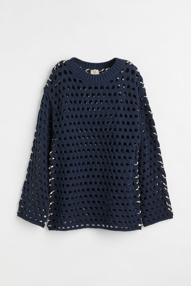 H&M Hole-knit Silk-blend Jumper Dark Blue