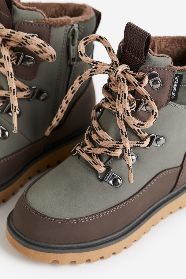 H&M Waterproof Lace-up Boots Khaki Green/dark Brown