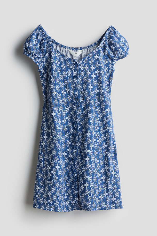 H&M Puff-sleeved Skater Dress Blue/patterned