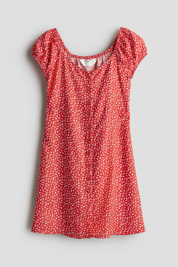 H&M Puff-sleeved Skater Dress Red/floral