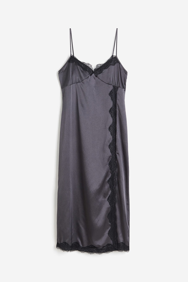H&M Slip In-kjole I Satin Med Blondekant Mørkegrå