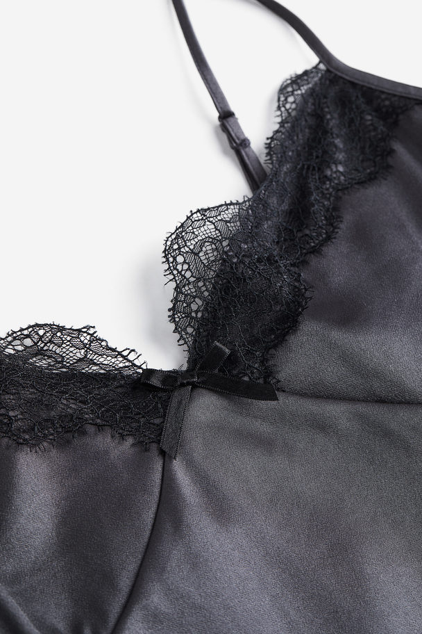 H&M Slip In-kjole I Satin Med Blondekant Mørkegrå