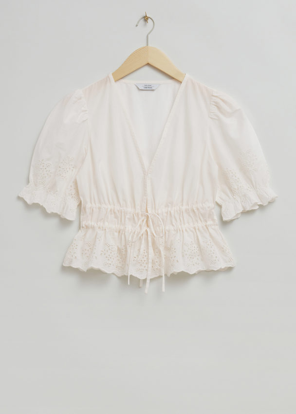 & Other Stories Broderie Anglaise Puff Sleeve Blouse White