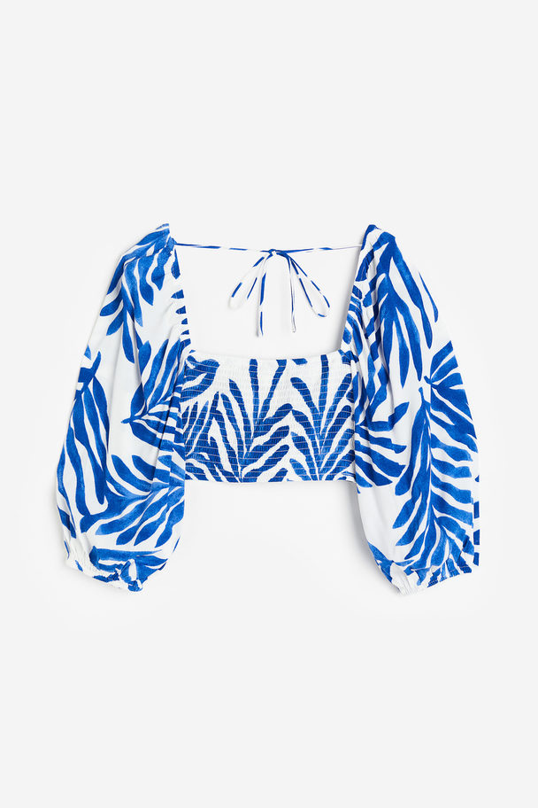 H&M Cropped Blouse Wit/blauw Dessin