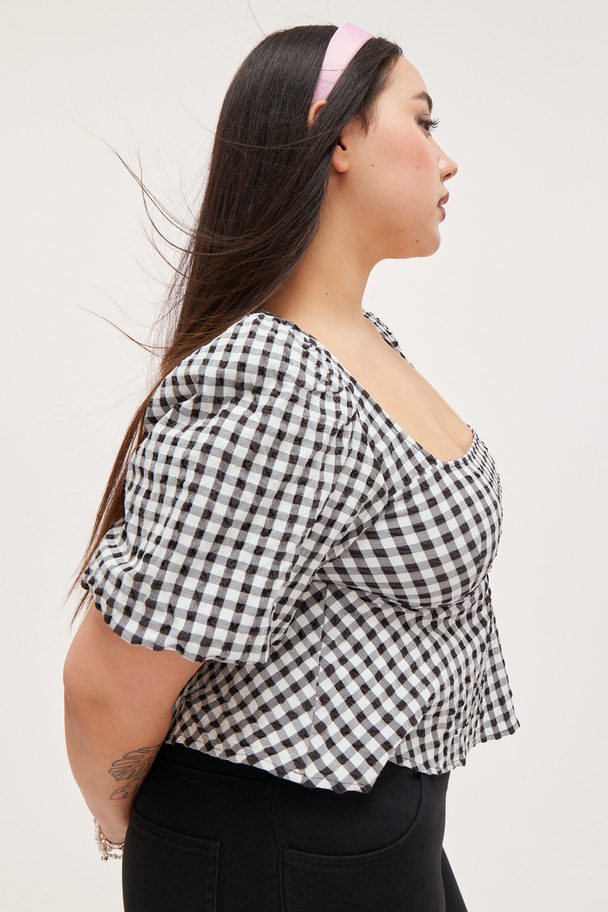 Monki Puffy Scoop Neck Peplum Blouse Black & White Check