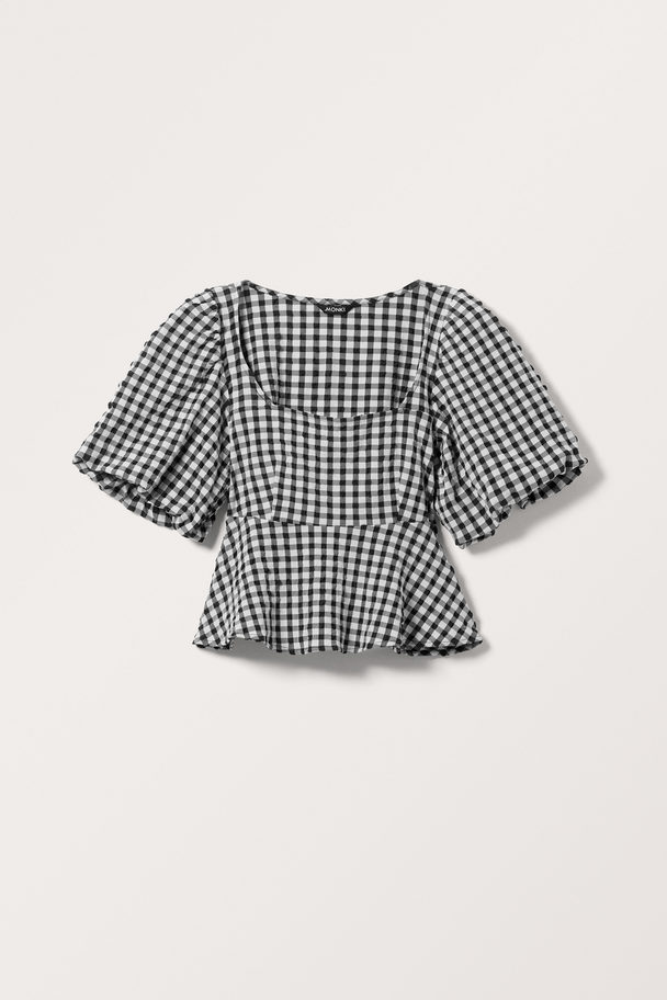 Monki Puffy Scoop Neck Peplum Blouse Black & White Check