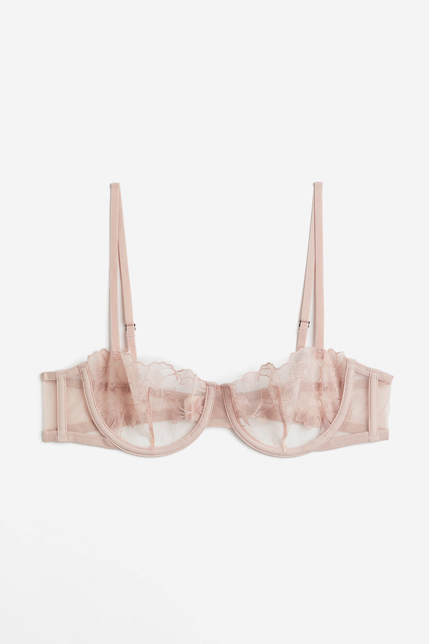 H&M Non-padded Embroidered Balconette Bra Light Pink