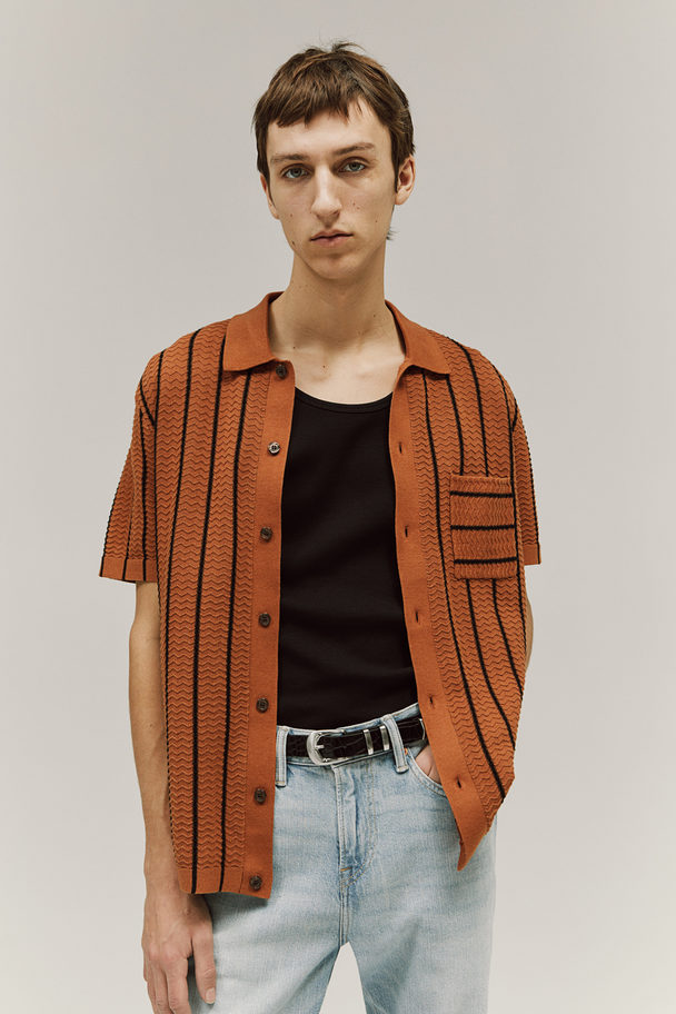 H&M Structuurgebreid Overhemd - Regular Fit Bruin/wit Gestreept