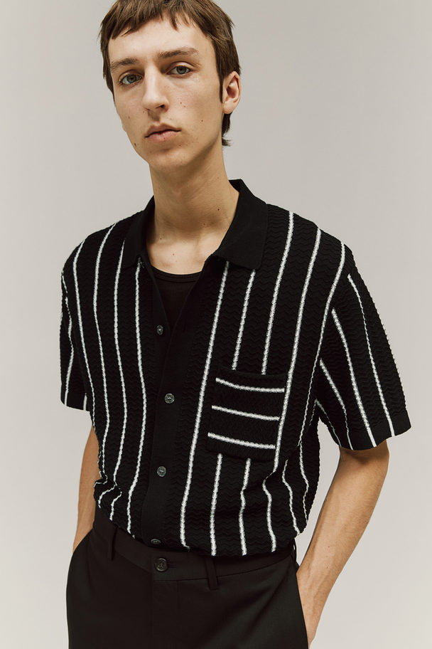 H&M Regular Fit Textured-knit Shirt Black/white Striped