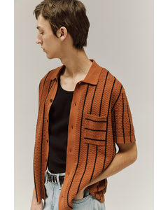 Structuurgebreid Overhemd - Regular Fit Bruin/wit Gestreept