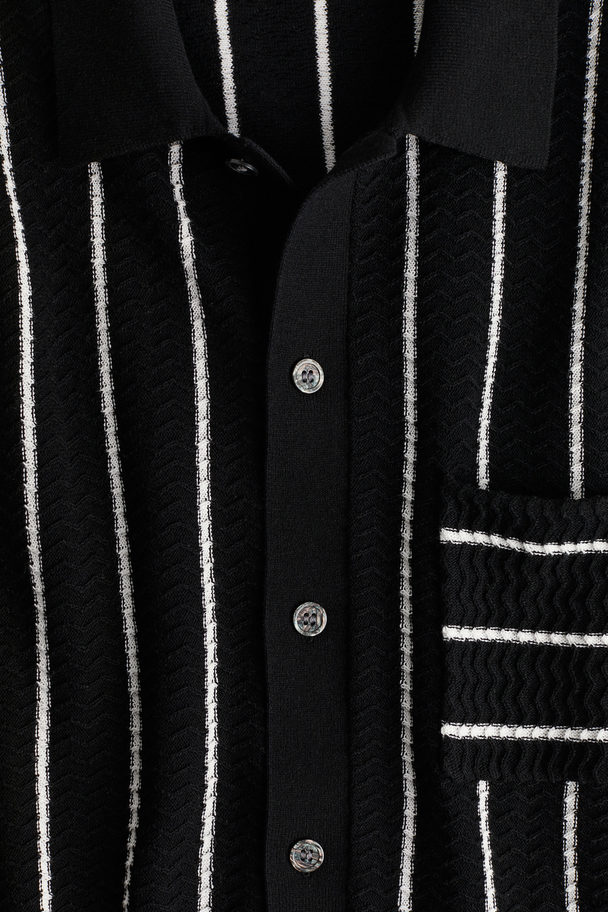 H&M Regular Fit Textured-knit Shirt Black/white Striped