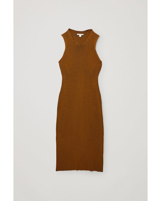 COS V-neck Ribbed Dress Light Brown
