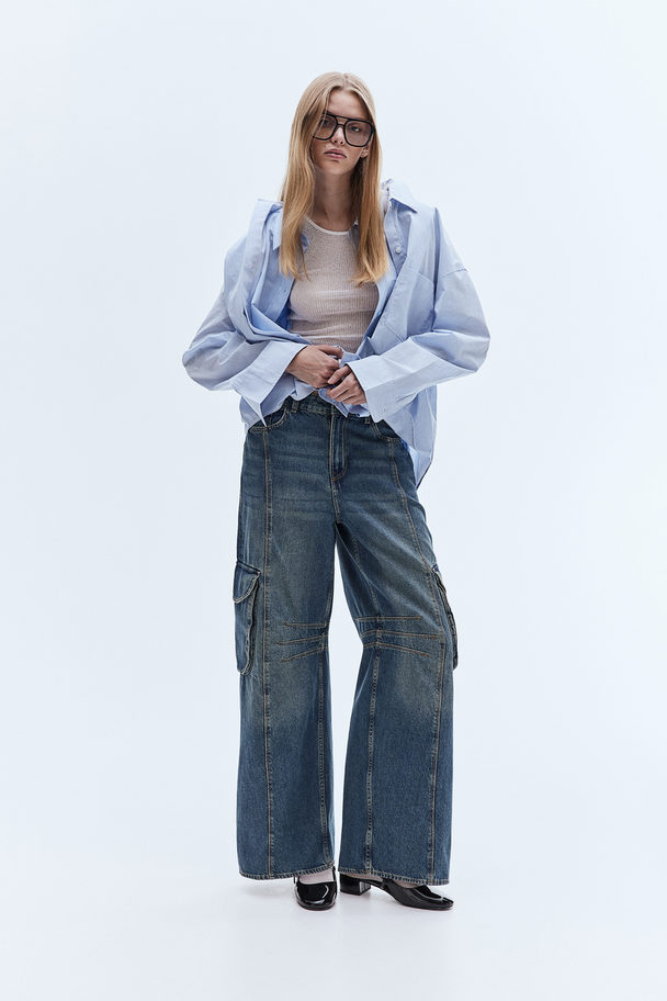 H&M Straight Regular Cargo Jeans Denimblauw