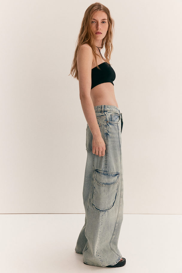 H&M Straight Regular Cargo Jeans Blek Denimblå