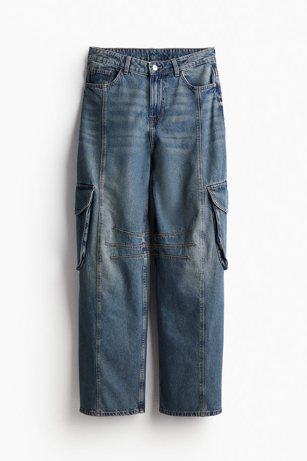 H&M Straight Regular Cargo Jeans Denimblauw