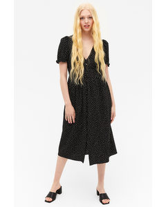 Black Dotted Puff Sleeve Midi Dress Black With White Dots