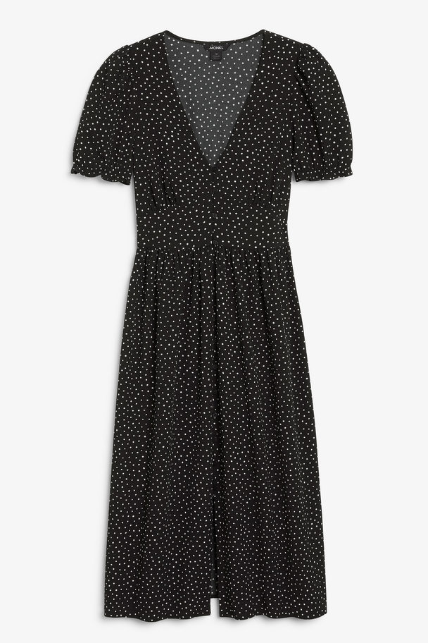 Monki Black Dotted Puff Sleeve Midi Dress Black With White Dots