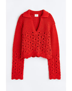 Pointelle-knit Cotton Jumper Red