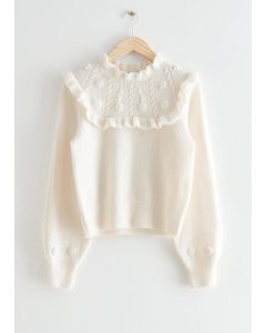 Embroidered Ruffle Knit Sweater Cream