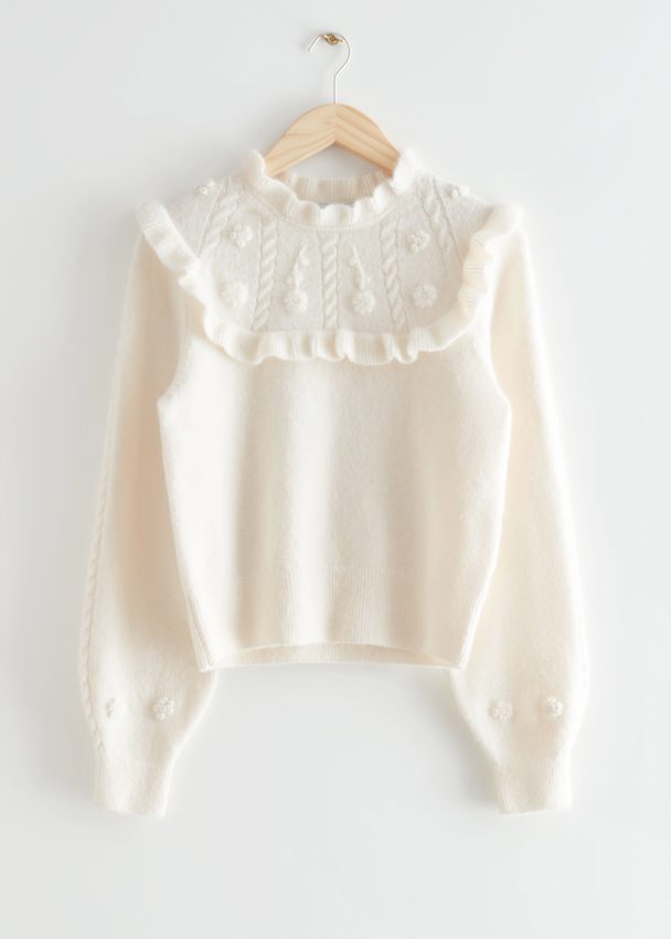 & Other Stories Embroidered Ruffle Knit Sweater Cream