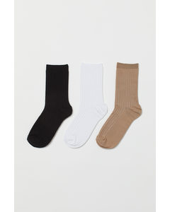 3 Paar Ribgebreide Sokken Zwart/wit/beige