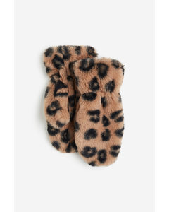 Flauschige Handschuhe Beige/Leopardenprint