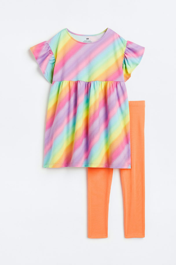 H&M 2-teiliges Set mit Kleid und Leggings Orange/Regenbogenstreifen