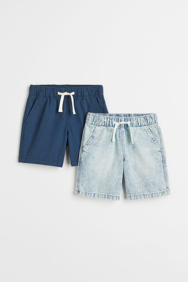 H&M 2-pack Cotton Twill Shorts Navy Blue/pale Denim Blue