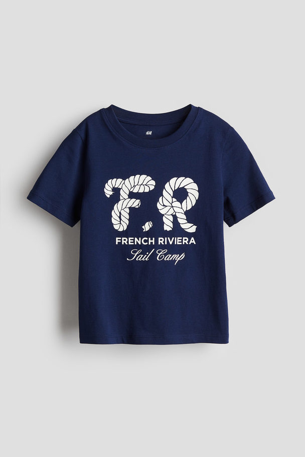 H&M Printed T-shirt Navy Blue/french Riviera
