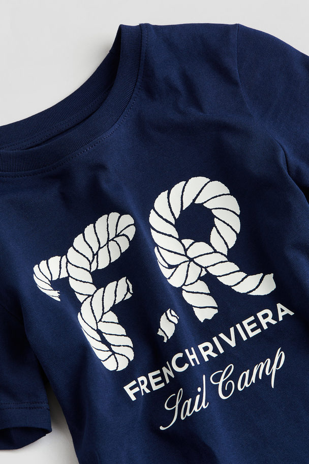 H&M Printed T-shirt Navy Blue/french Riviera