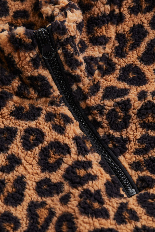 H&M Zip-top Teddy Sweatshirt Light Brown/leopard Print