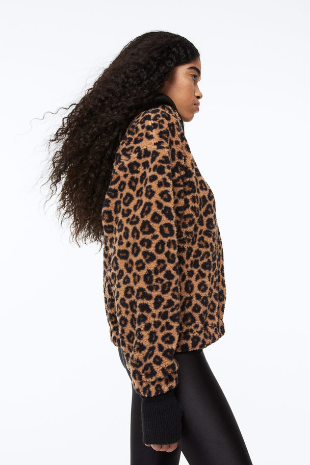 H&M Zip-top Teddy Sweatshirt Light Brown/leopard Print