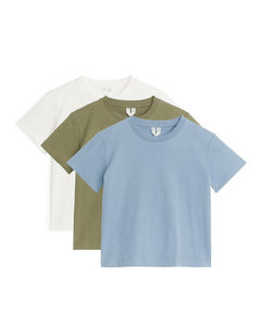 T-shirt Med Rund Hals, Sæt Med 3 Kaki/hvid/blå