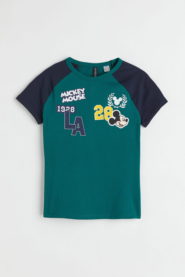 H&M T-shirt Med Tryk Mørkegrøn/mickey Mouse