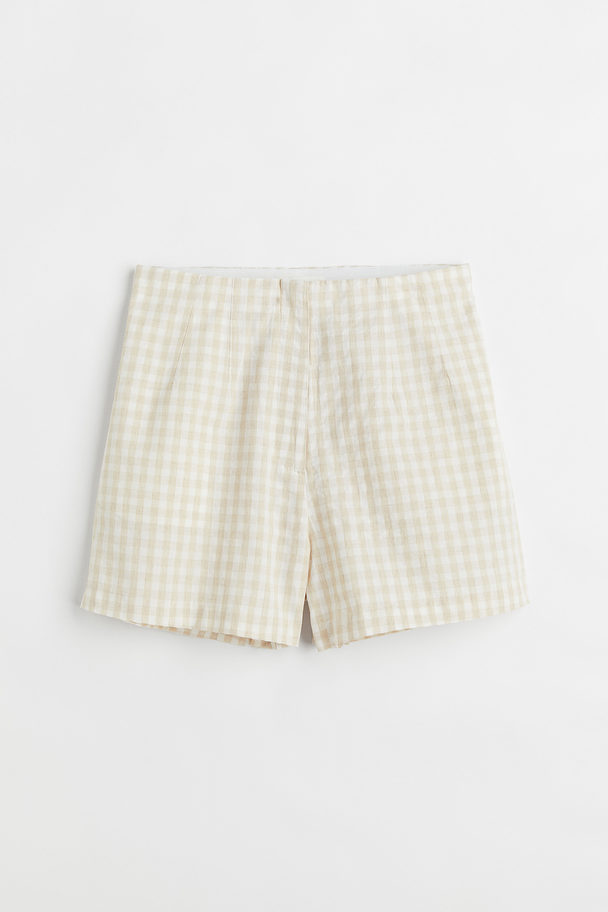 H&M Linen-blend Shorts Light Beige/checked