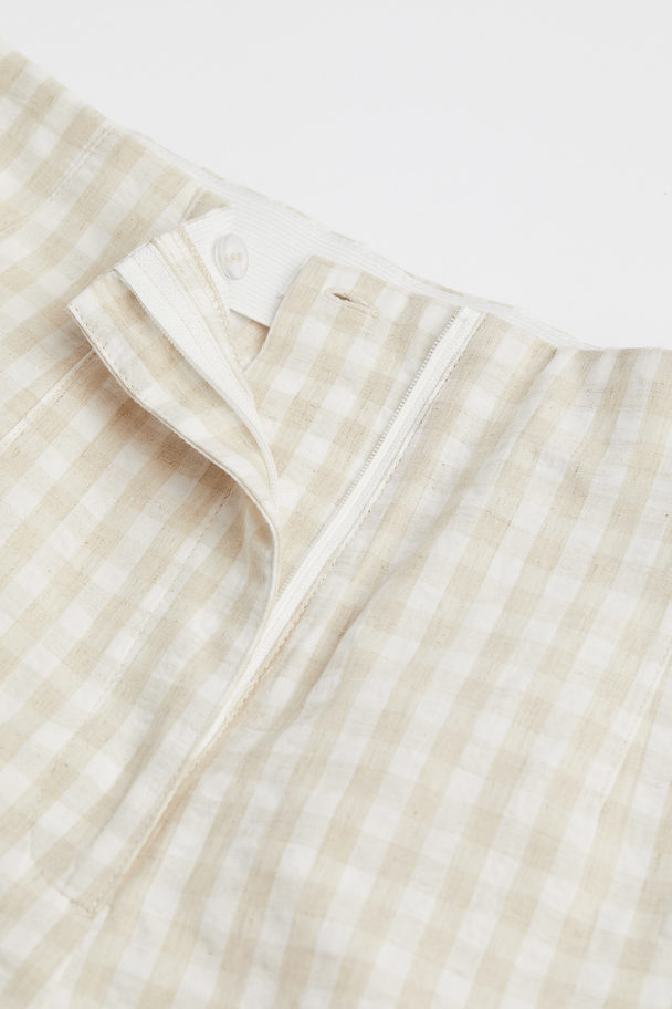 H&M Linen-blend Shorts Light Beige/checked