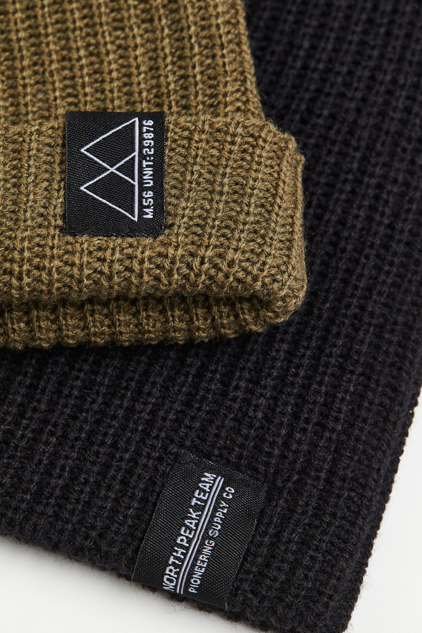 H&M 2-pack Rib-knit Hats Khaki Green/black