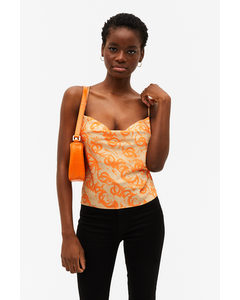 Patterned Cowl-neck Satin Top Orange Abstract