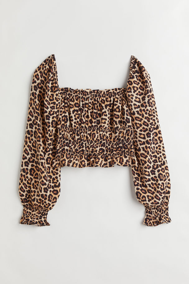 H&M Frill-trimmed Blouse Light Beige/leopard Print