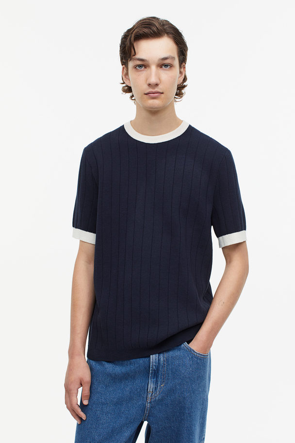 H&M Ribgebreid T-shirt - Regular Fit Donkerblauw
