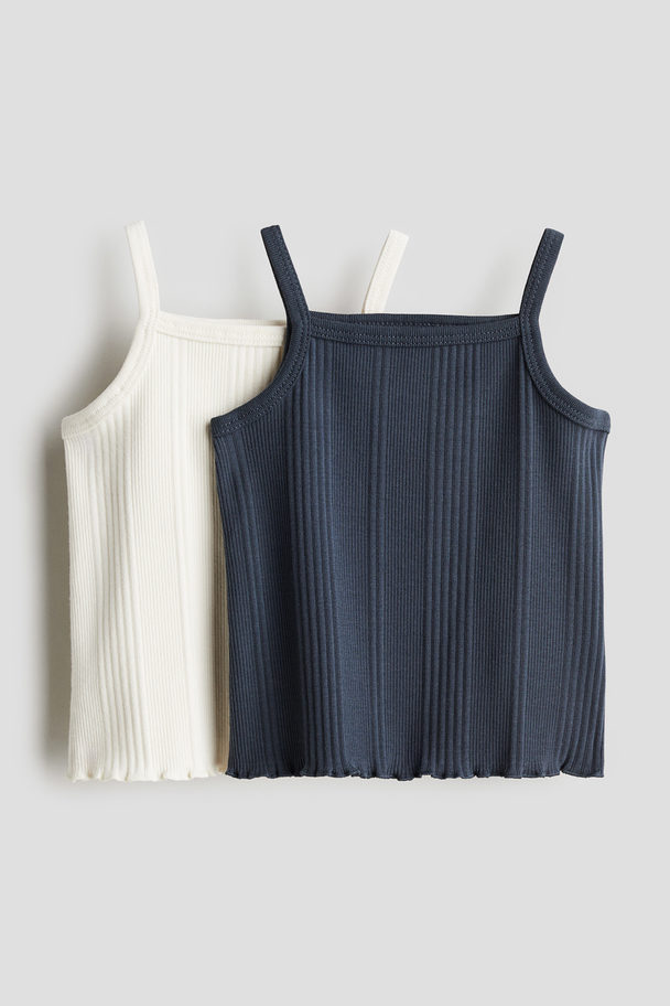 H&M 2-pack Ribbed Cotton Strappy Tops Navy Blue/cream