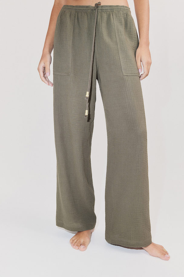 H&M Muslin Pull-on Trousers Dark Khaki Green