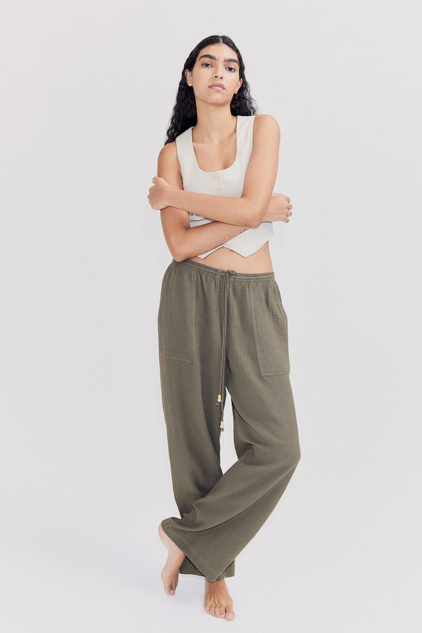 H&M Muslin Pull-on Trousers Dark Khaki Green