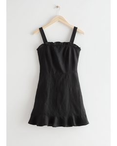 Linen Ruffle Mini Dress Black