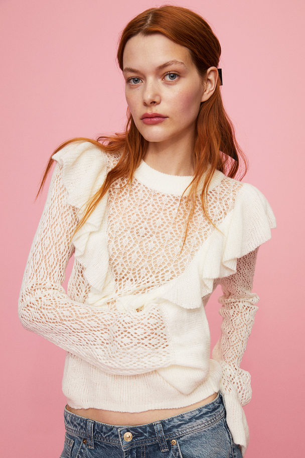 H&M Frill-trimmed Pointelle-knit Jumper White