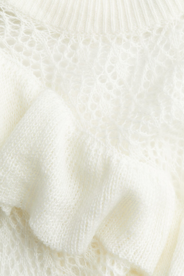 H&M Frill-trimmed Pointelle-knit Jumper White