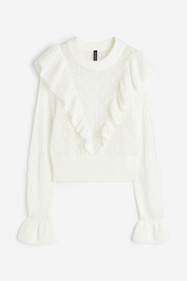 H&M Pointellestrick-Pullover mit Volants Weiß