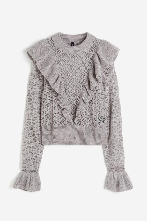 H&M Frill-trimmed Pointelle-knit Jumper Grey