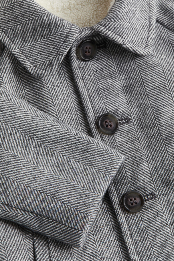 H&M Pile-lined Coat Grey/herringbone-patterned